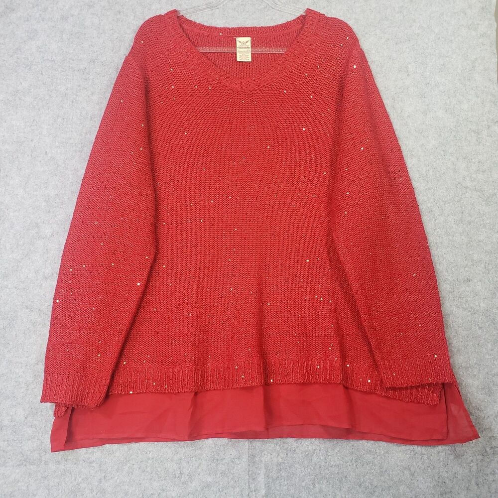 Woman's Plus Sz 4X (26W-28W Red Long Sleeve Sequin Sheer Bottom  V neck Sweater